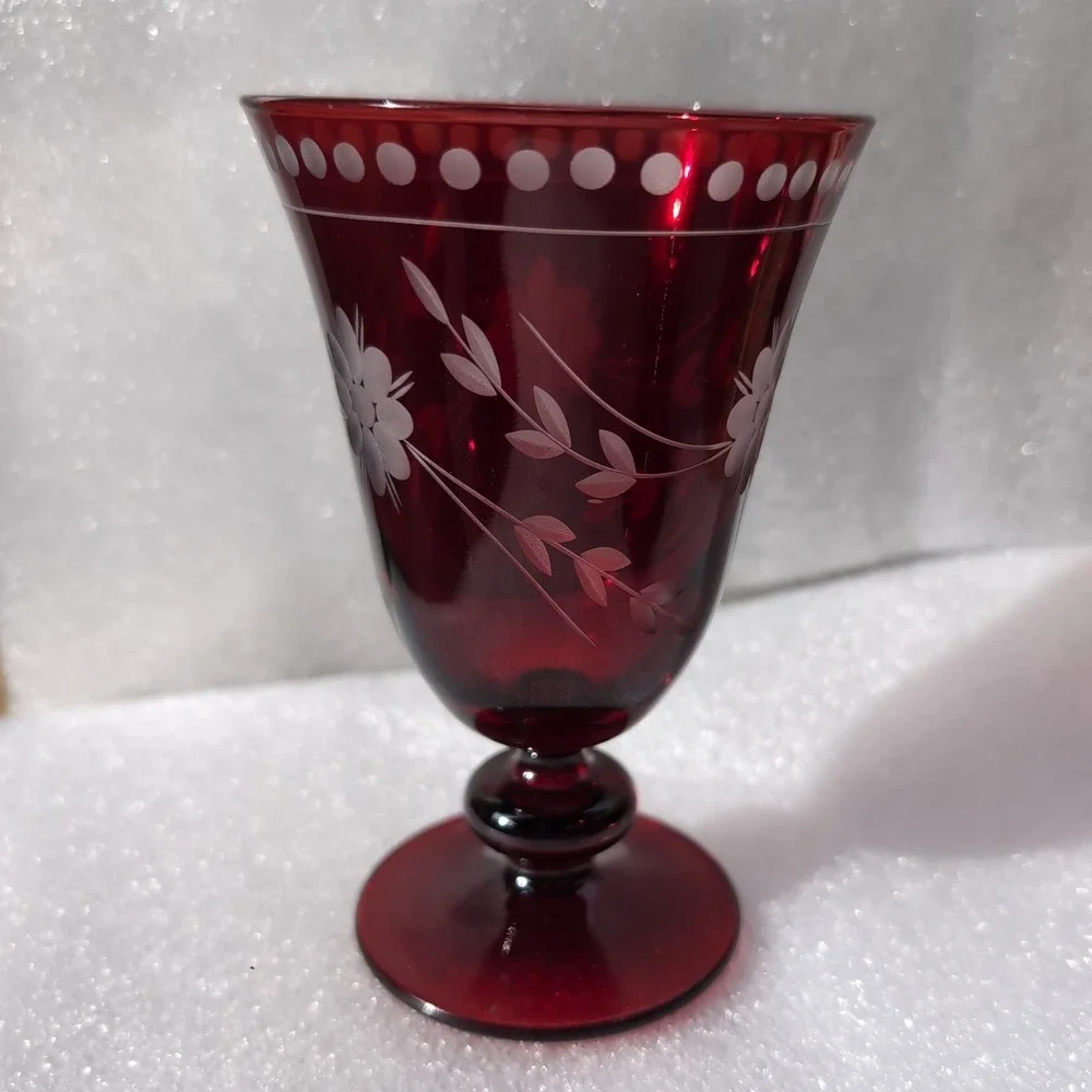 Williams Sonoma Goblet Set Ruby Red Vintage Cut to Clear Floral Glass Etched 4pc